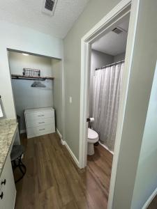 a bathroom with a toilet and a sink at Mid City Condo in Huntsville