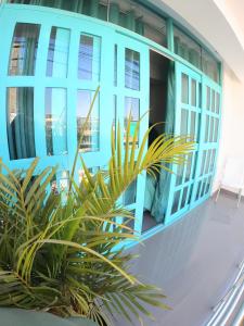 a building with blue windows and a plant at AQUAMARINE PARACAS Beach Hostal in Paracas
