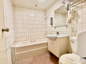 WL HOTEL Hsinchu في مدينة هسينشو: حمام مع حوض ومغسلة ومرحاض
