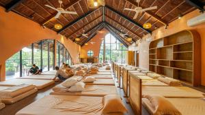 a row of beds in a room with windows at Bavi Myan Maison in Yên Cư