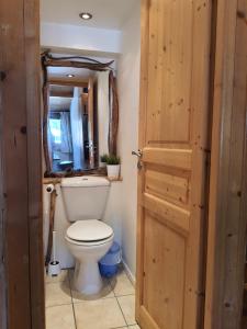 łazienka z toaletą i drewnianymi drzwiami w obiekcie Appartement dernier étage 3 chambres - Olympe w mieście Les Deux Alpes