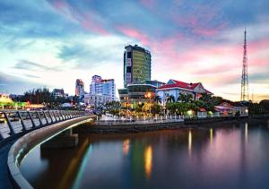a city skyline with a bridge over a body of water at KHÁCH SẠN THU NGUYỄN - ngay BẾN NINH KIỀU, CHỢ ĐÊM in Can Tho