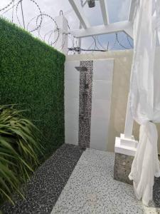 eine Dusche in einem Zimmer mit grüner Hecke in der Unterkunft Newly Built Private Villa with Pool in Cainta in Cainta
