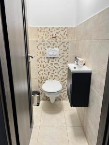 a small bathroom with a toilet and a sink at SunSuite Szeged in Szeged