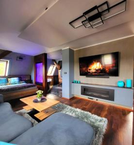 a living room with a couch and a fireplace at Lupus Apartamenty in Poznań