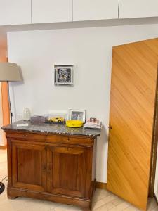 a kitchen with a counter with a yellow plate on it at Very Central suite apartment with 1bedroom next to the underground train station Monaco and 6min from casino place in Monte Carlo