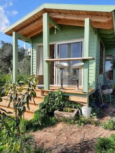 a small green house with a porch and a deck at East woodhouse in Clil +10 photos