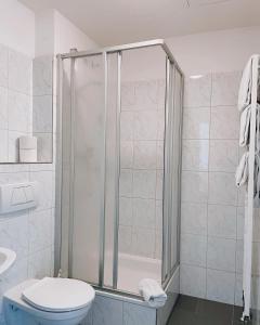 a bathroom with a shower with a toilet and a sink at Schwarzacher Hof in Niederbayern in Schwarzach