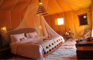 a bedroom with a bed with a mosquito net at Sahara Luxury Tented Camp in Merzouga