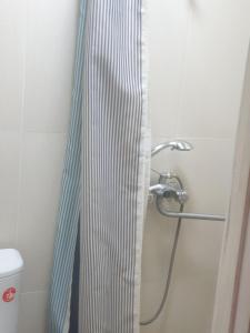 a shower with a shower curtain in a bathroom at Квартира в центре города in Tashkent