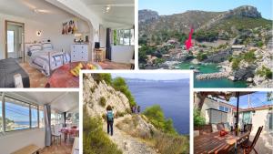 un collage de fotos de una casa con vistas al océano en NOUVEAU Cabanon Calanque de Niolon vue mer et port en Le Rove