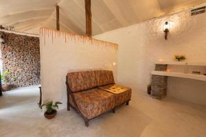 ein Wohnzimmer mit einem Stuhl und einem Kamin in der Unterkunft Deshadan Eco Valley Resort - An Eco friendly Mud House in Kanthalloor