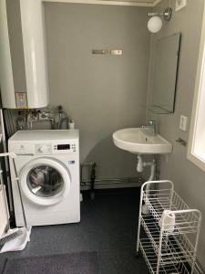 een wasruimte met een wasmachine en een wastafel bij Ankiborg in Färjestaden