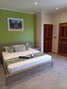 un grande letto in una camera da letto con pareti verdi di RIVERSIDE RETREAT (SEYCHELLES) a Mahe