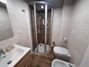 a bathroom with a shower and a toilet and a sink at Moda Apartments 38 in Sestriere