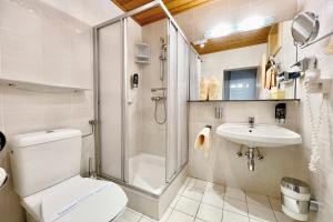 a bathroom with a shower and a toilet and a sink at Hotel Pachernighof in Velden am Wörthersee