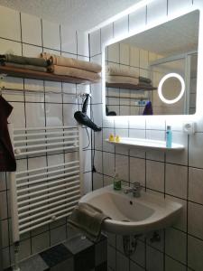 een badkamer met een wastafel en een spiegel bij Ferienwohnung Palm in Monschau