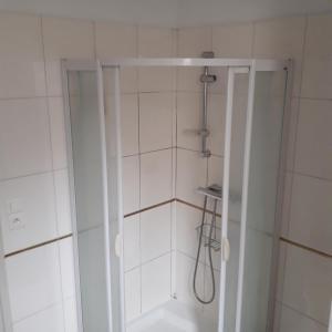 La salle de bains est pourvue d'une douche avec une porte en verre. dans l'établissement Chambre meublée au cœur de ville - chez l'habitant, au Creusot