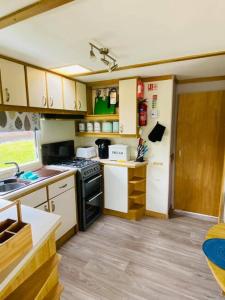 a small kitchen with a stove and a refrigerator at Rowanlea Caravan in Stonehaven