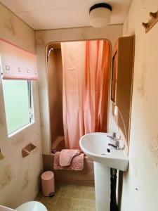 a small bathroom with a sink and a shower at Rowanlea Caravan in Stonehaven