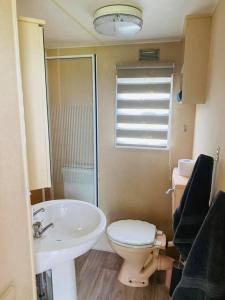 a bathroom with a toilet and a sink at Birchlea Caravan in Stonehaven