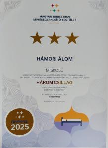 Certifikát, ocenenie alebo iný dokument vystavený v ubytovaní Hámori Álom