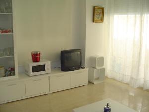 sala de estar con TV y microondas en Apartamento Sirena, en Peñíscola