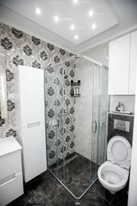 y baño con ducha y aseo. en Apartman MDB RETRO, en Subotica