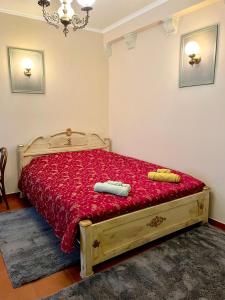 1 dormitorio con cama de madera con sábanas rojas en Βoka's House en Arachova