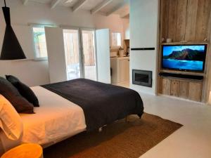 een slaapkamer met een bed en een flatscreen-tv bij Apartamento Caolin Rocabella in El Chorro