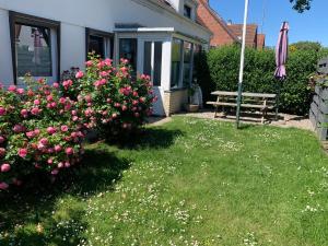 a garden with a bench and roses in front of a house at Casa Bianca in Fehmarn