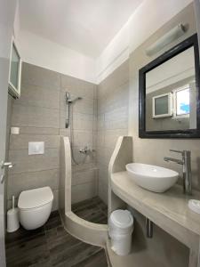 a bathroom with a sink and a toilet and a mirror at Deep Blue Rooms & Apartments in Mylopotas