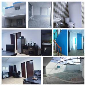 a series of four pictures of a kitchen and a bathroom at Casa de Huéspedes, Casa Sol, Hospedaje para Grupos in Aguascalientes