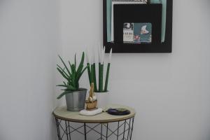 a table with a plant and a mirror on a wall at Minimal Culture Boutique Rooms in Kavála