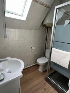 ein Bad mit einem Waschbecken, einem WC und einem Fenster in der Unterkunft Le Pons Episcopi in Pont-lʼÉvêque