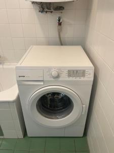 a washing machine in a corner of a bathroom at Gesamte Unterkunft für 4 Personen Top 12 in Vienna