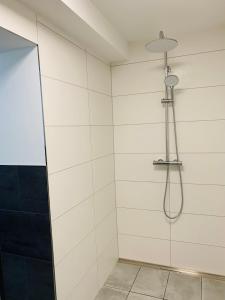 La salle de bains est pourvue d'une douche avec un pommeau de douche. dans l'établissement Ferienwohnung Losenberg, à Olsberg