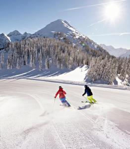 シュラートミンクにあるAppartement Maryの雪に覆われた坂道を2人がスキーで下りている