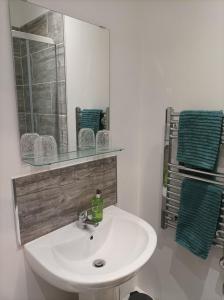 リバプールにあるVictorian Renovation Room 4のバスルーム(鏡、タオル、白い洗面台付)