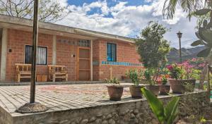 a brick house with a patio with potted plants at Alpha House in Vilcabamba