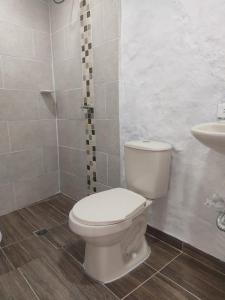 La salle de bains est pourvue de toilettes blanches et d'un lavabo. dans l'établissement Cabaña Bambú Noche De Luna, à Jardín