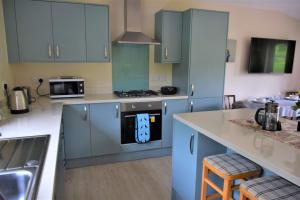 a kitchen with blue cabinets and a stove top oven at Ridge View Lodge in Dumfries