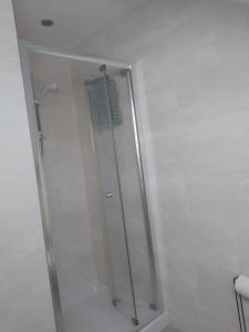 eine Dusche mit Glastür im Bad in der Unterkunft Village life- Private suite - Living Room, Bedroom and Bathroom in Newtown Saint Boswells