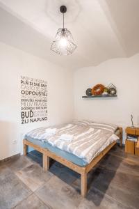 Schlafzimmer mit einem Bett und einer Leuchte in der Unterkunft Apartmán ve Dvoře in Ratíškovice