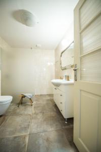 Baño blanco con lavabo y aseo en Apartmán ve Dvoře en Ratíškovice