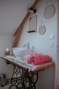 baño con lavabo y encimera con toalla en Les jardins de Nanine, en Lapleau