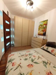 1 dormitorio con 1 cama y una pintura en la pared en MK Apartament III, en Rzeszów