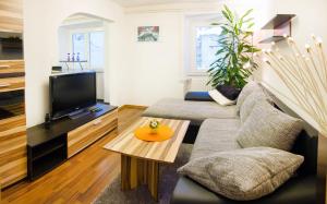 ein Wohnzimmer mit einem Sofa und einem TV in der Unterkunft Apartments Shock in Cerkno