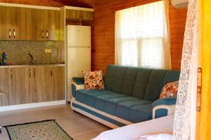 ein Wohnzimmer mit einer blauen Couch in einer Küche in der Unterkunft Öyküm apart adrasan in Kumluca