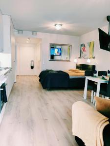 1 dormitorio con 1 cama y sala de estar en Joutjärven Studio Apartment en Lahti